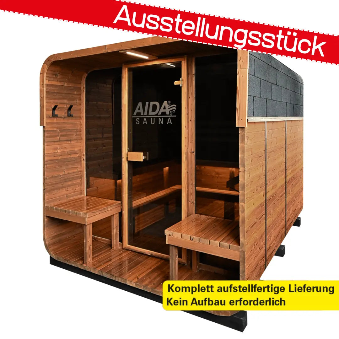 AUSSTELLER Gartensauna AIDA® Jäko | mit Vorraum & Panoramafenster | komplett montiert - kein Bausatz