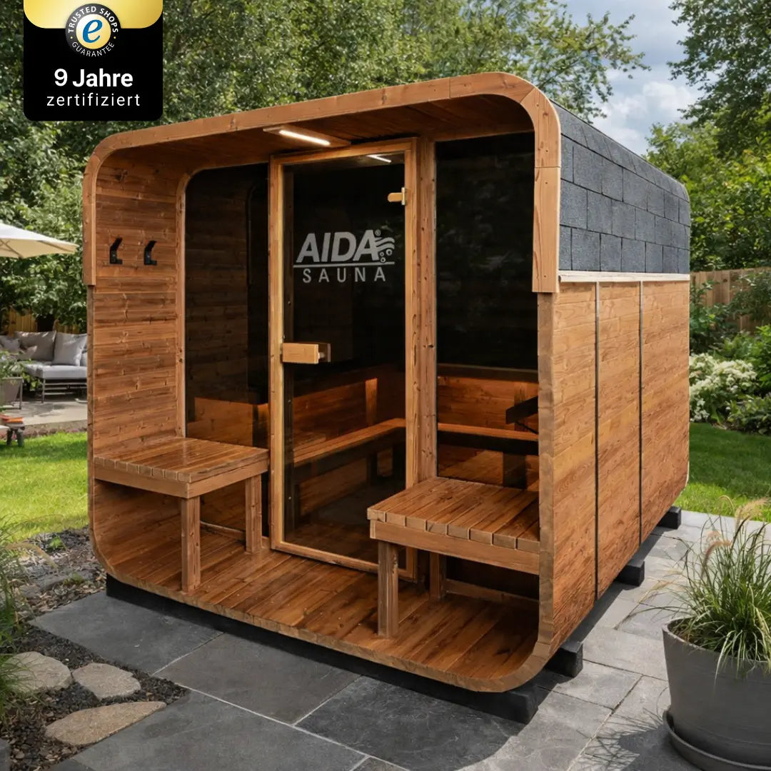 AUSSTELLER Gartensauna AIDA® Jäko | mit Vorraum & Panoramafenster | komplett montiert - kein Bausatz