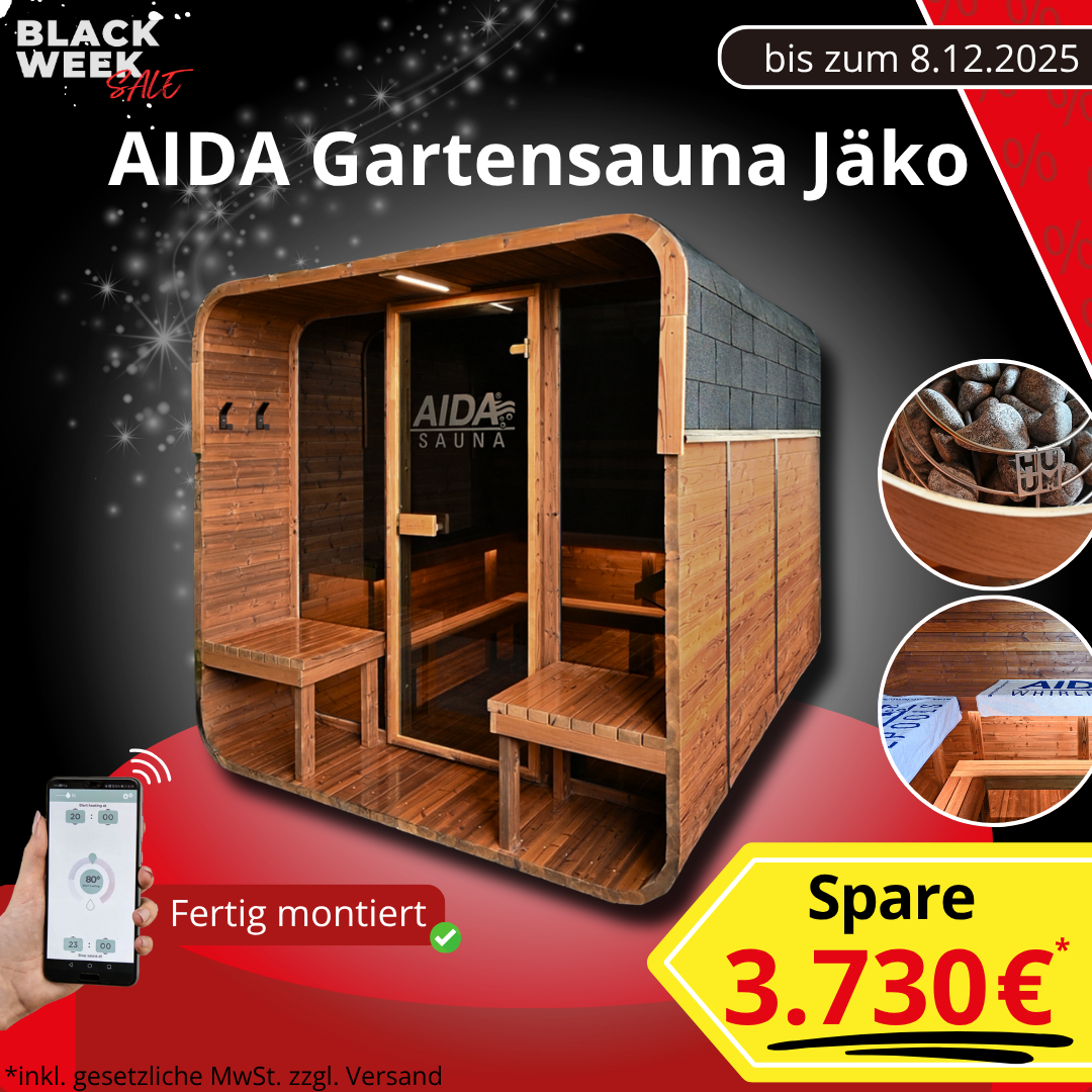 BLACK WEEK | Gartensauna AIDA® Jäko | mit Vorraum & Panoramafenster | komplett montiert