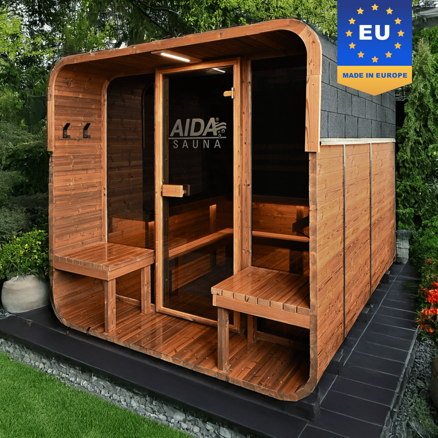 AUSSTELLER Gartensauna AIDA® Jäko | mit Vorraum & Panoramafenster | komplett montiert - kein Bausatz