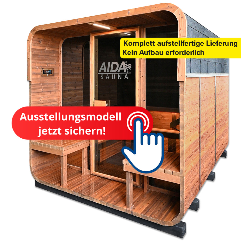 Ausstellungsstück Gartensauna fertig montiert AIDA J-Ko aus Massivholz