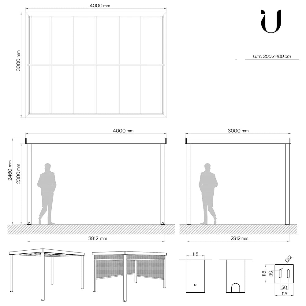 Luxus-Pavillon Lumi, Gartenpavillon, Outdoor Pavillon, rechteckig, 4 x 3 m, anthrazit